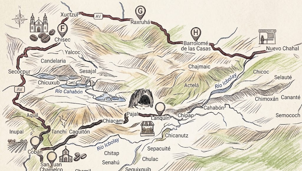 Illustrated travel map of Alta Verapaz and Baja Verapaz, Guatemala
